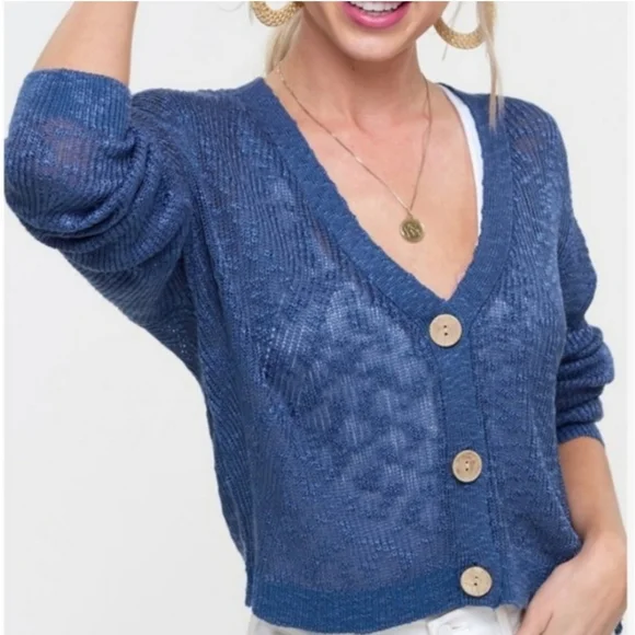 Hyped Unicorn by LA MIEL Blue Slouchy Light Weight Semi Sheer Cardigan Size M/L - Picture 4 of 7